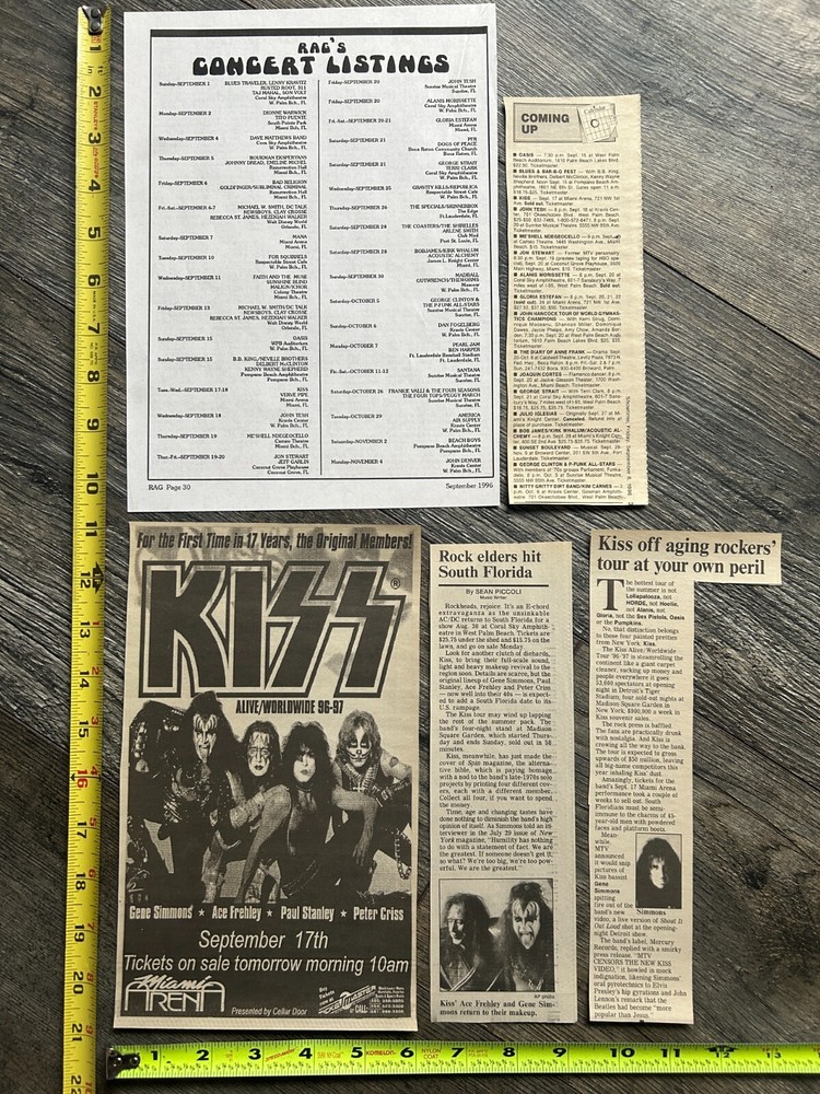 KISS Concert Ad Advert Clipping Reunion Tour Miami Florida 1996 Lot Vintage Kiss