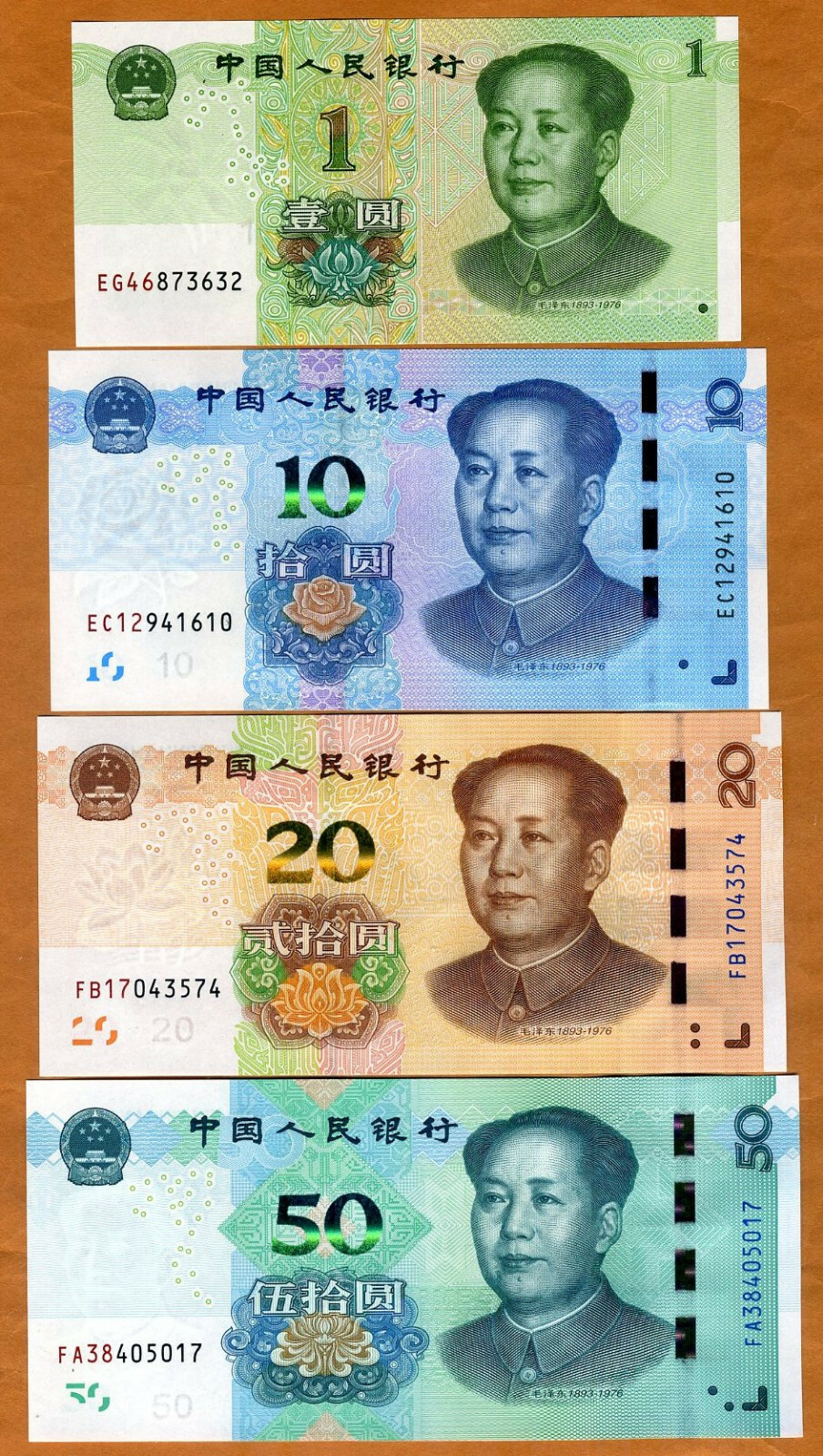 SET China, 1;10;20;50 Yuan, 2019, P-New, UNC Mao Tse-tung, Improved Security
