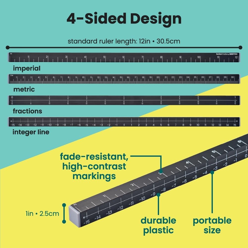 2-Pack MeasureMate Learning Ruler, 4-Sided Math Tool, Metric, Imperial, Black