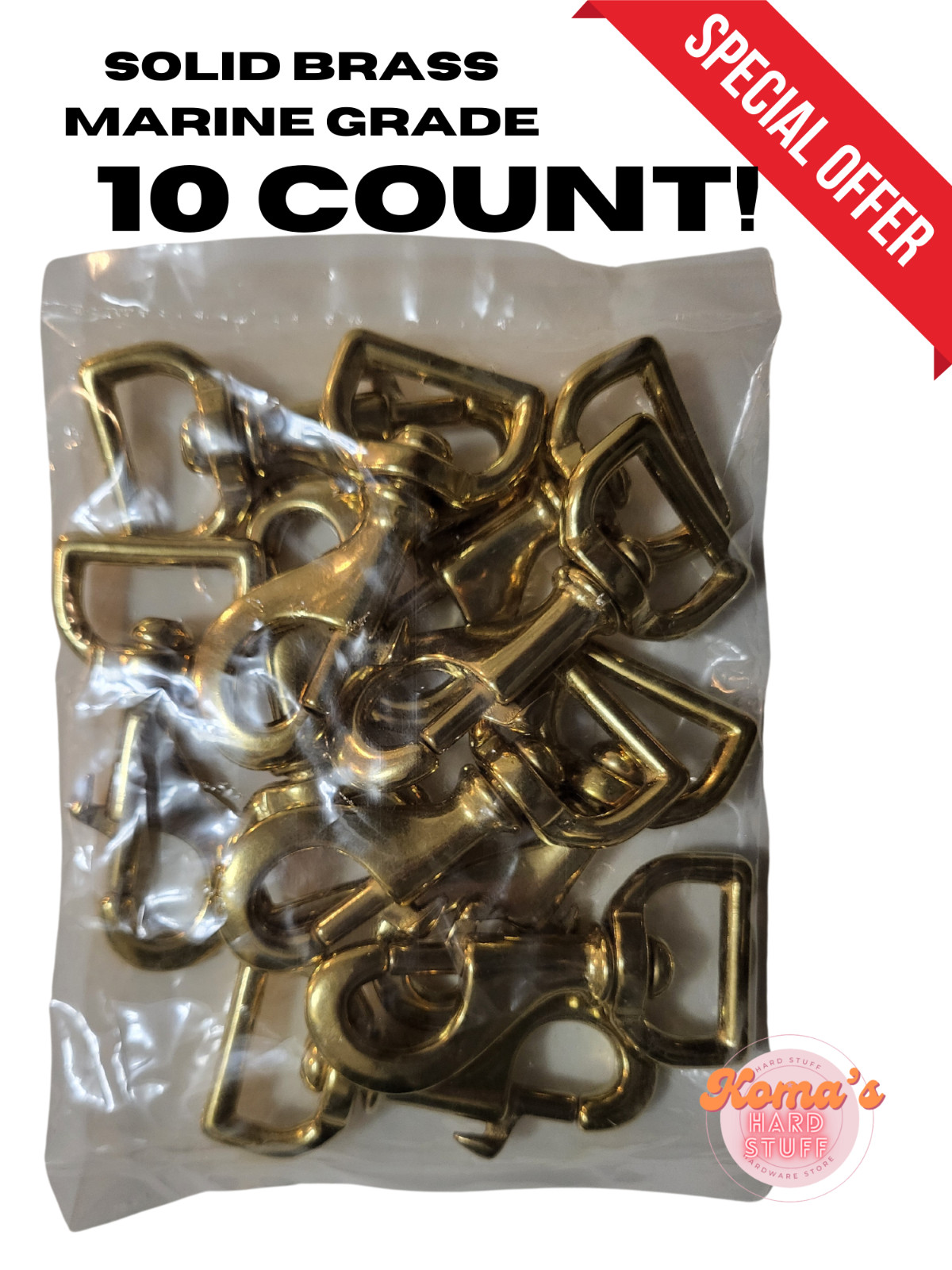 3" solid brass swivel snap hook 1" square hole bolt action, clasp clip 10 count