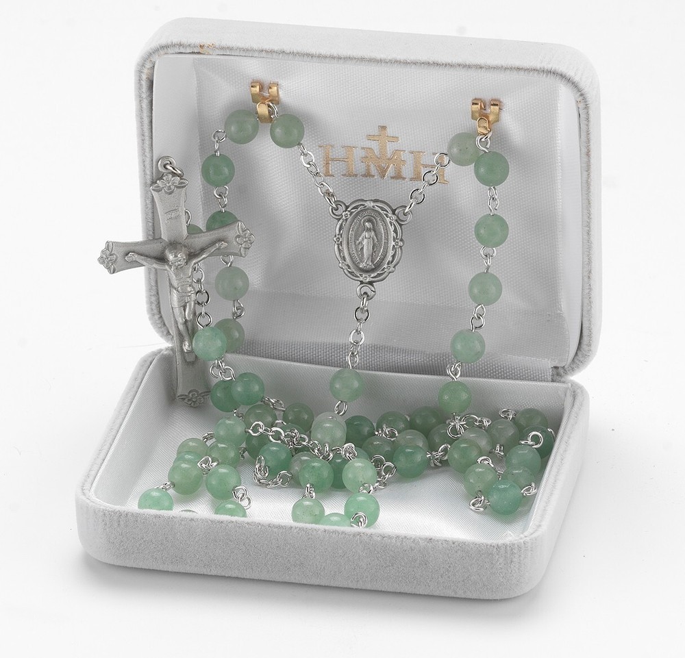 6mm Aventurine Gemstone Bead Rosary w/ 6mm O.F.  Beads, 24", US Made