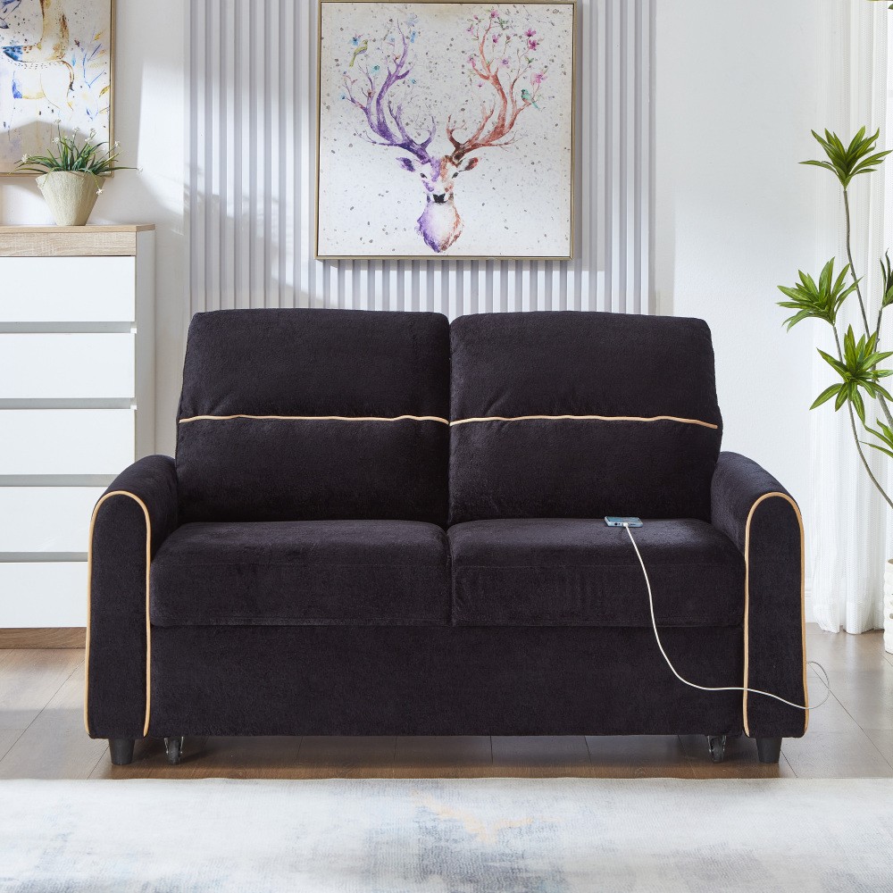 Chenille Sofa Bed Pull Out Sleeper w/ USB Charging, 3-Position Backrest Black