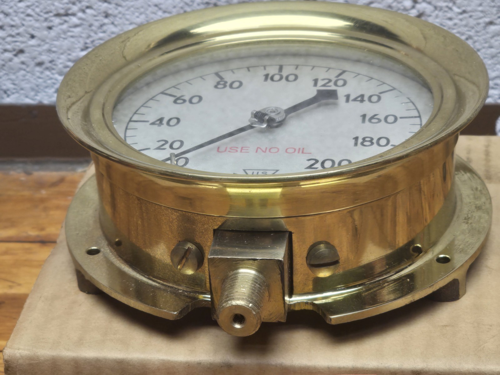 Vintage Industrial U.S. Gauge Co. 4-1/2" Brass 200PSI Steam Pressure Gauge NOS