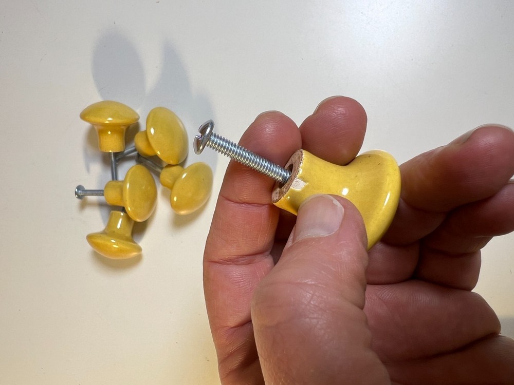 Vintage Mustard Yellow Ceramic Cabinet Knobs Set 6 Mid Century Drawer Pulls 1.25