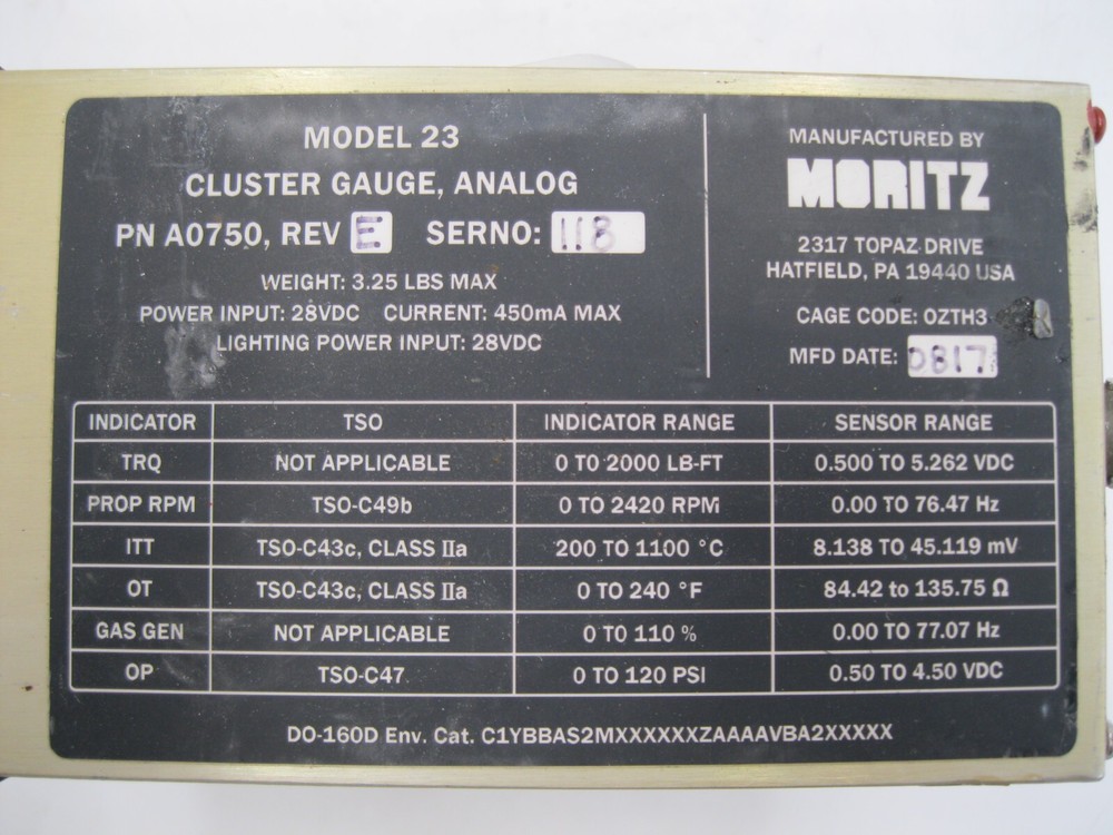 MORITZ MODEL 23 CLUSTER GAUGE PN: A0750 REV.E