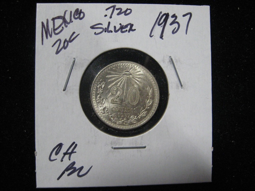 1937 MEXICO 20 CENTAVOS .720 SILVER CHOICE BU