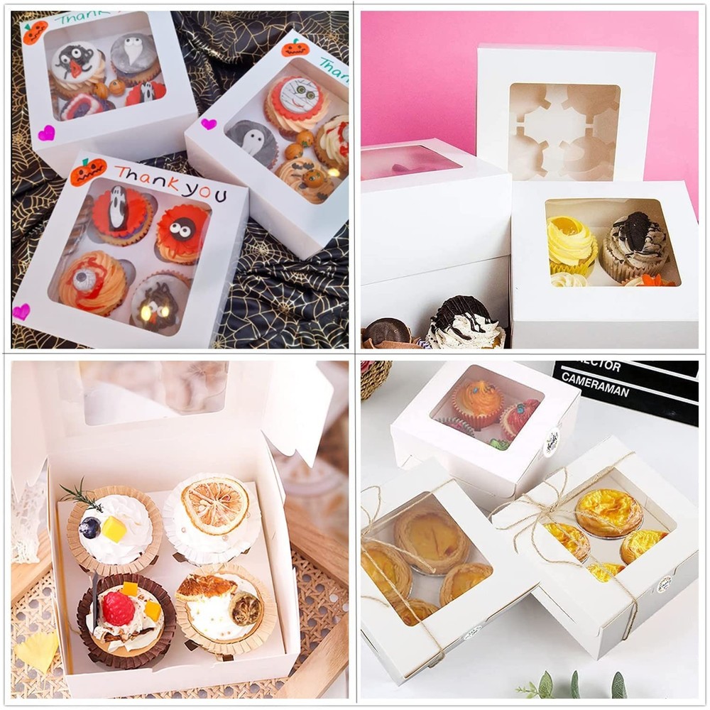 24 PCS White Cupcake Boxes with Window & Inserts Cupcake Containers 4 Count B...