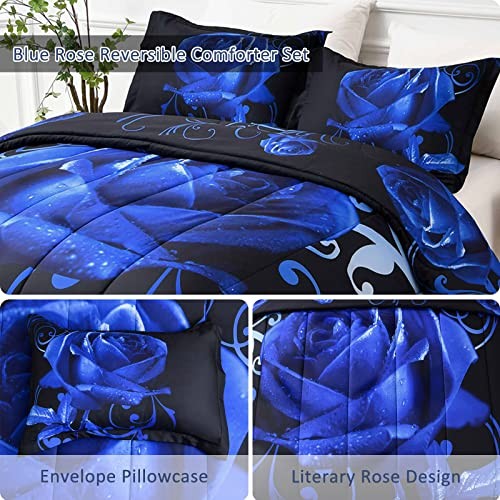 Blue Comforter Set King Reversible Blue Rose Pattern Printed Bedding