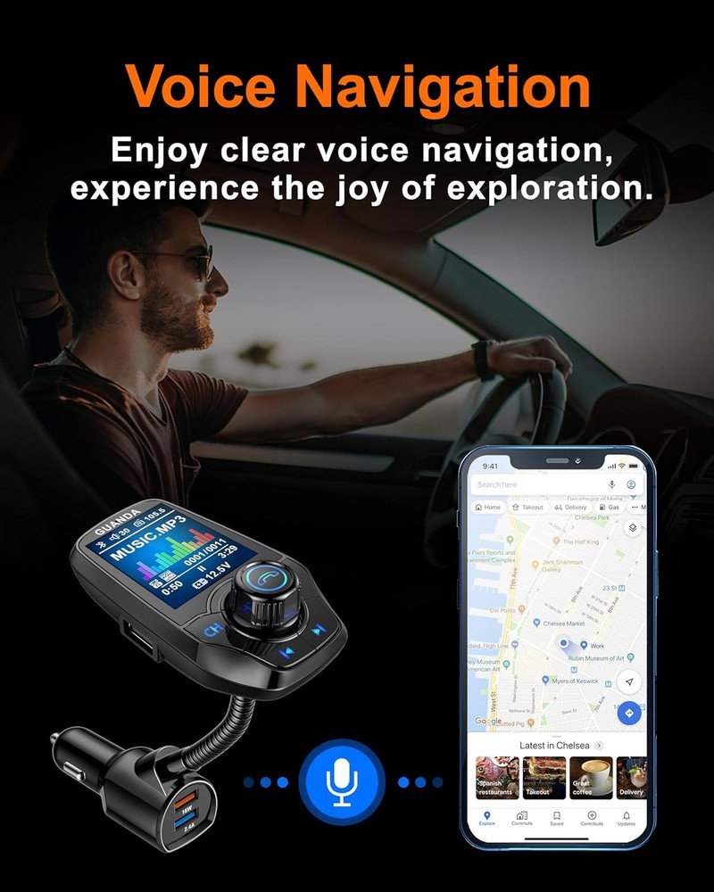 Upgraded Bluetooth FM Transmitter for Car, Fast Charge 18W + 2.4A/5V Black
