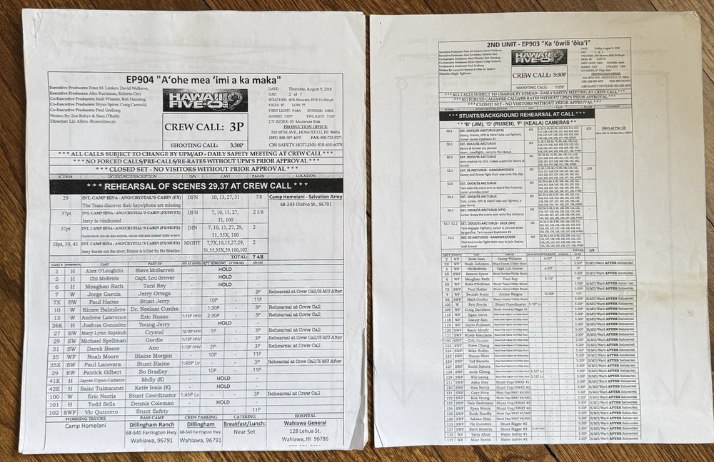 Hawaii Five-O Call Sheets With Script Segments