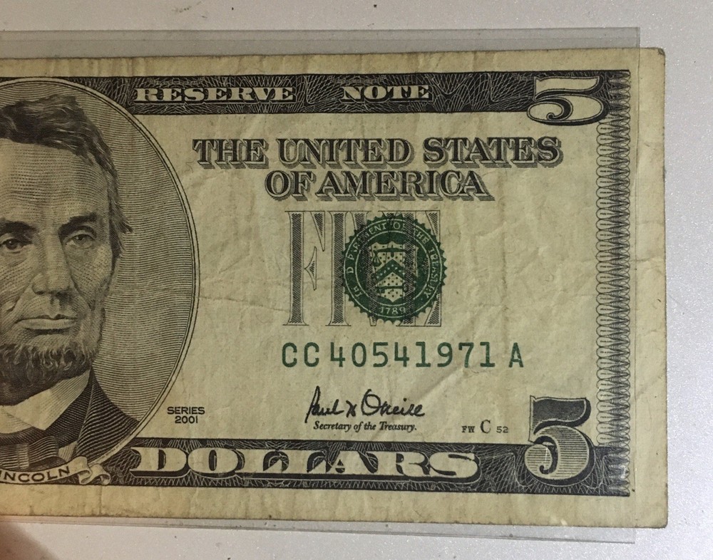 2001 $5 Error Off Print And Birthday Note. A Rare Error Combo