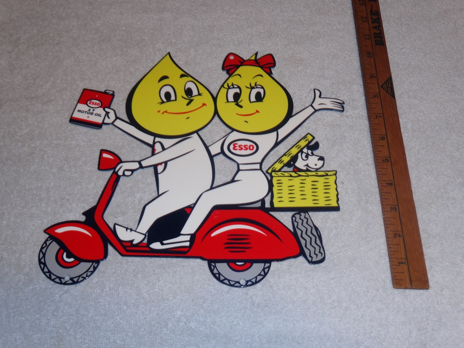 VINTAGE ESSO OIL DROP BOY & GIRL ON VESPA SCOOTER W/ DOG 12" METAL GASOLINE SIGN