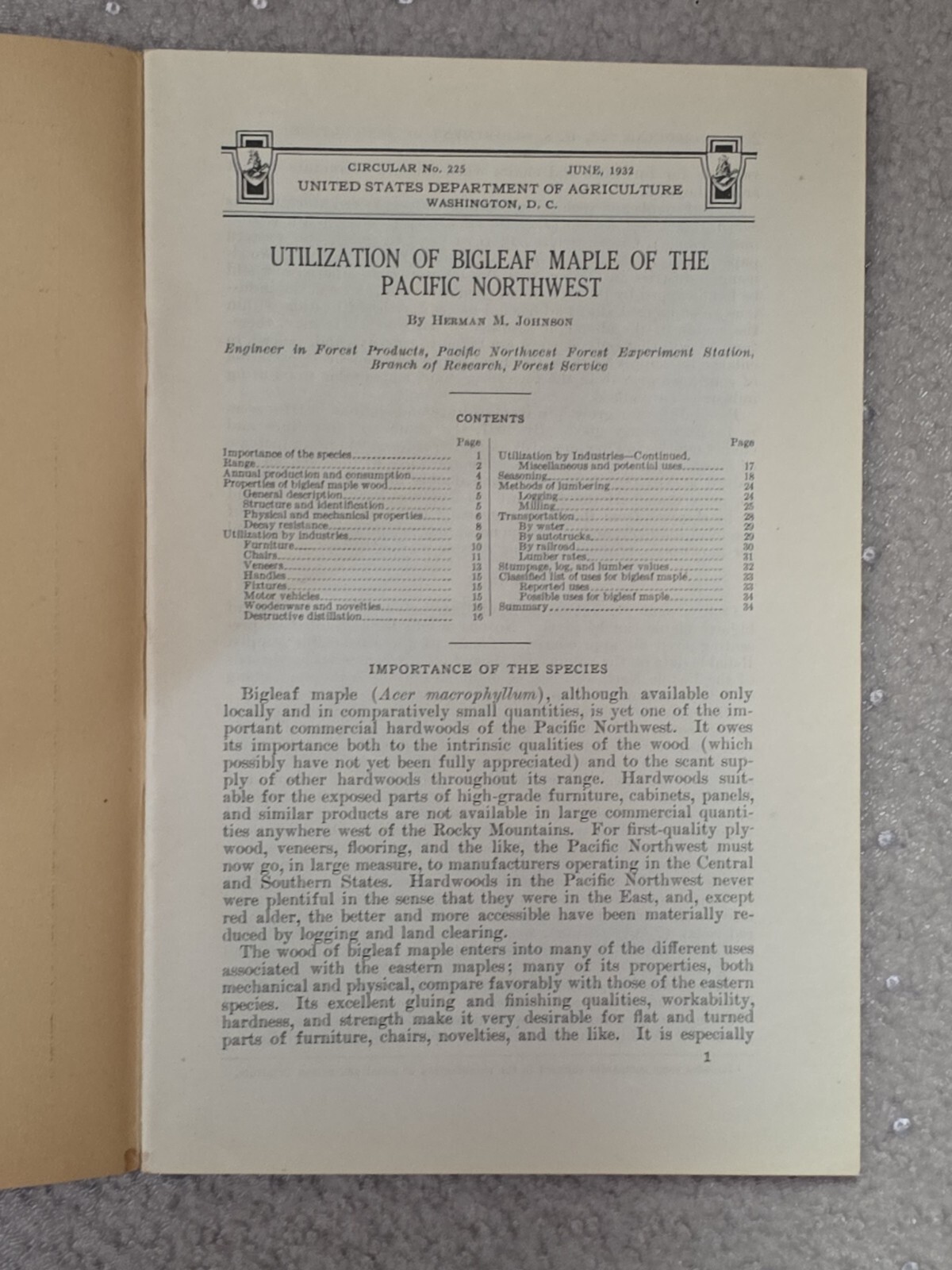 United States Department Of Agriculture - Circular No. 225 - 1932 -Bigleaf Maple