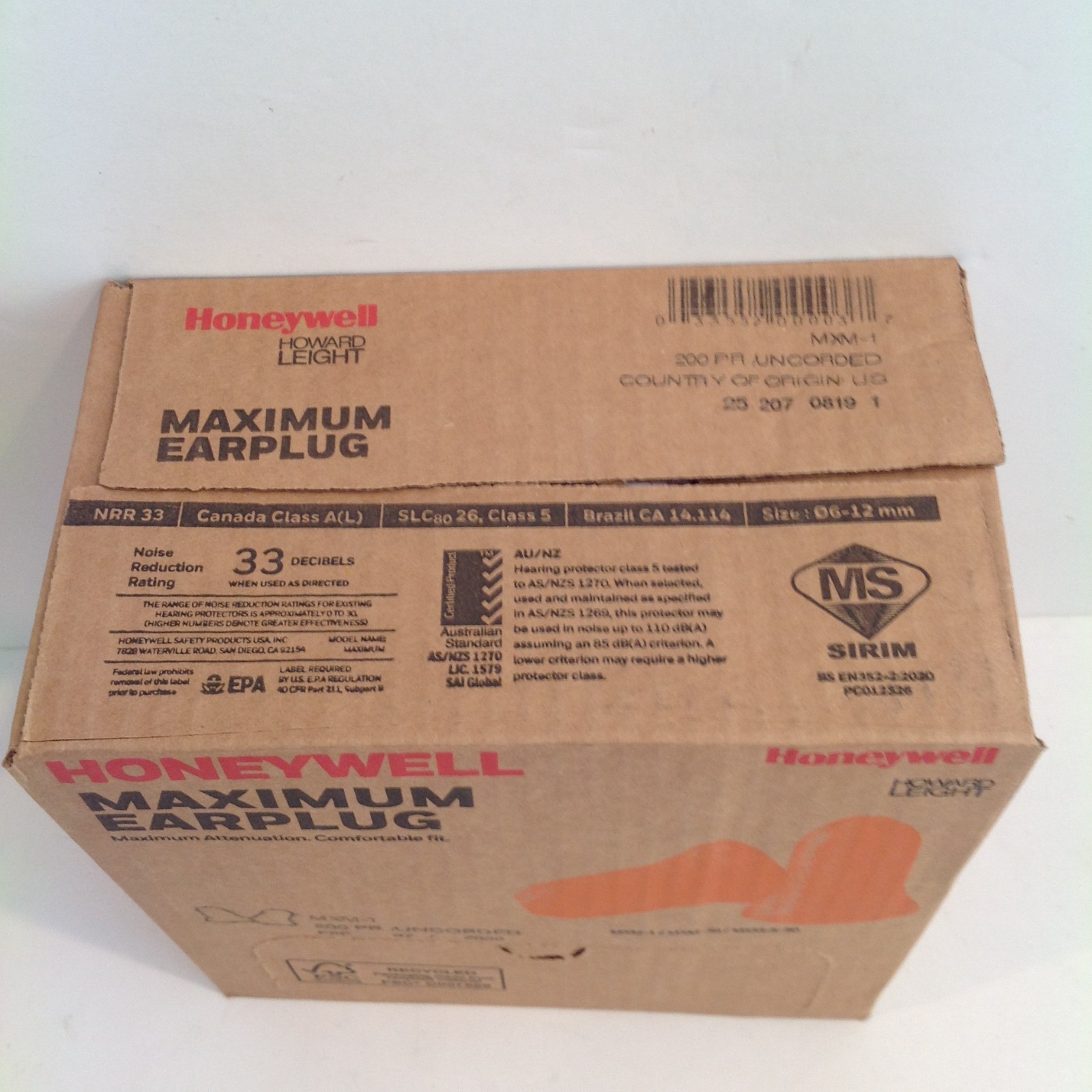 Howard Leight Max-1 MXM-1 Uncorded Earplugs Foam NRR 33 dB Orange 200 Pair Box