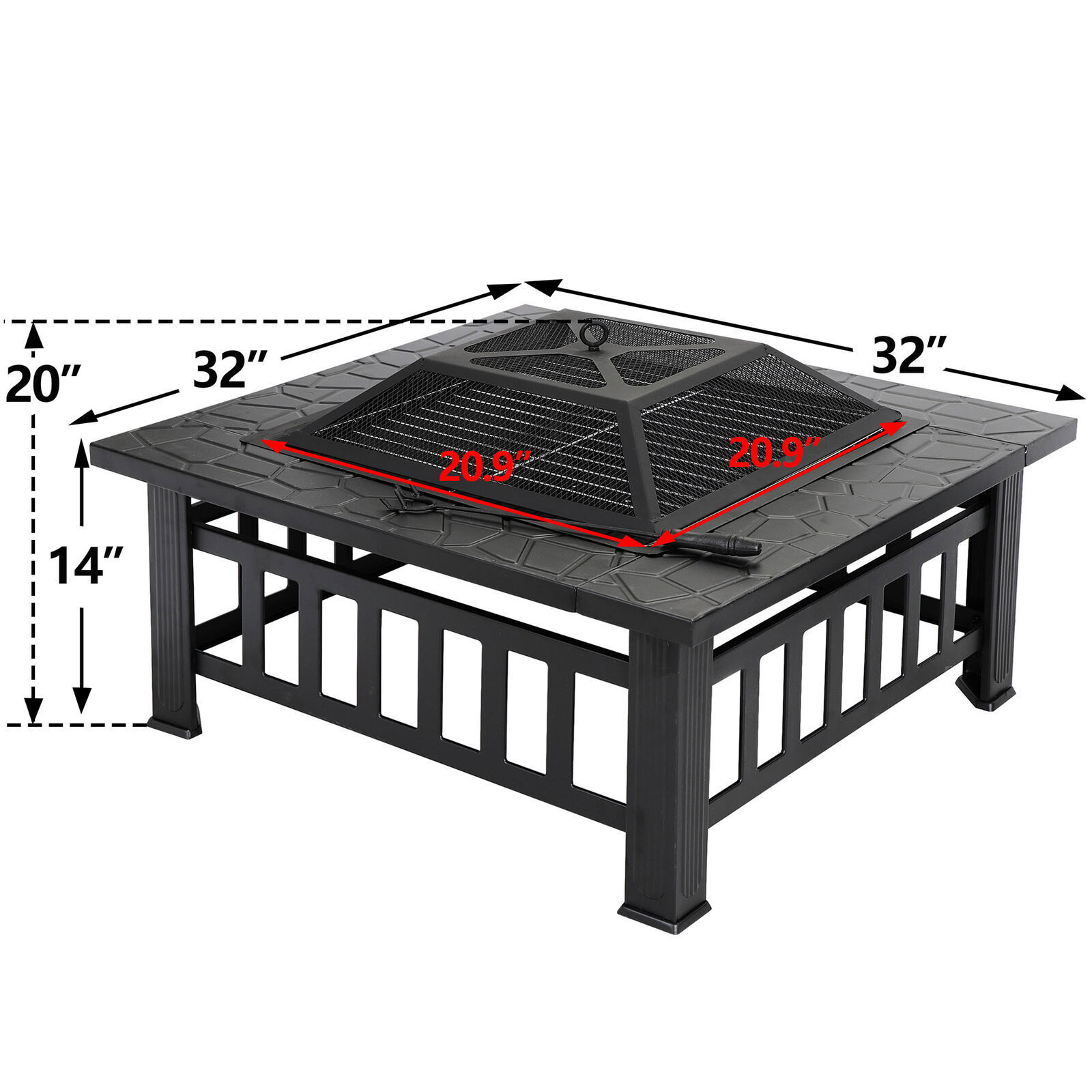 32" Fire Pit Square Metal Firepit Backyard Patio Garden Stove W/Cover Outdoor