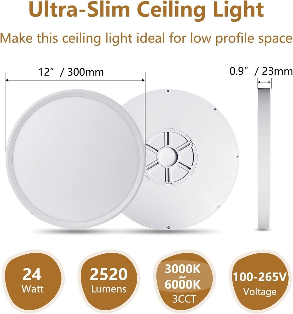 NEW 6 Pack 12 Inch LED Flush Mount Ceiling Light 24W Slim Panel CCT Selectable