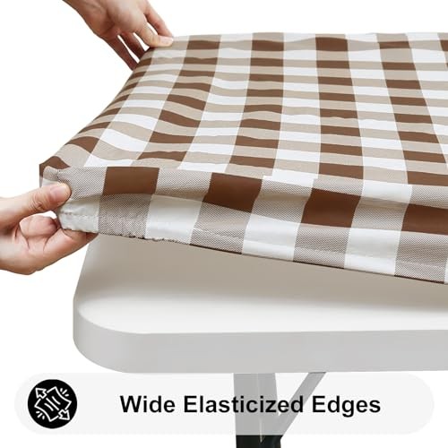 Rectangle Picnic Table Cloth, Elastic 60" x 30" (Rectangular) Brown and White