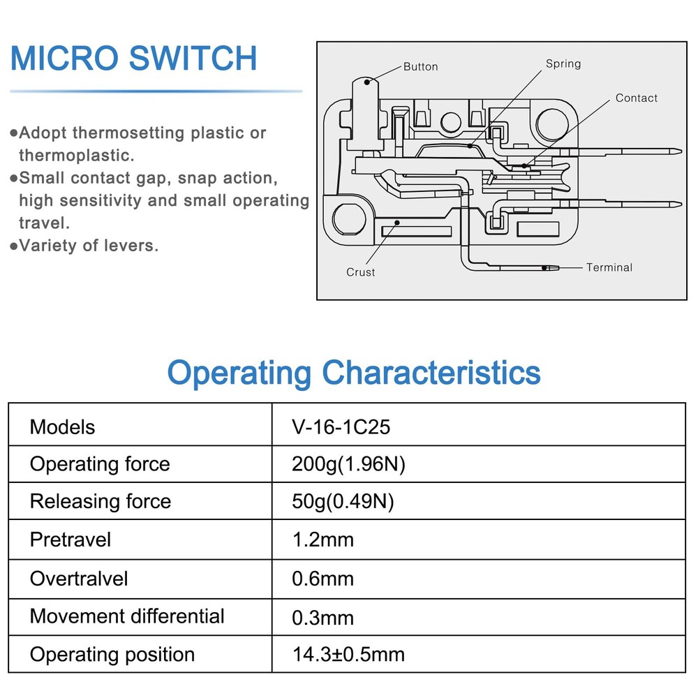 Heschen Micro Switch, V-16-1C25, SPDT, Pin Button Type, 16A 250VAC, 5PCS