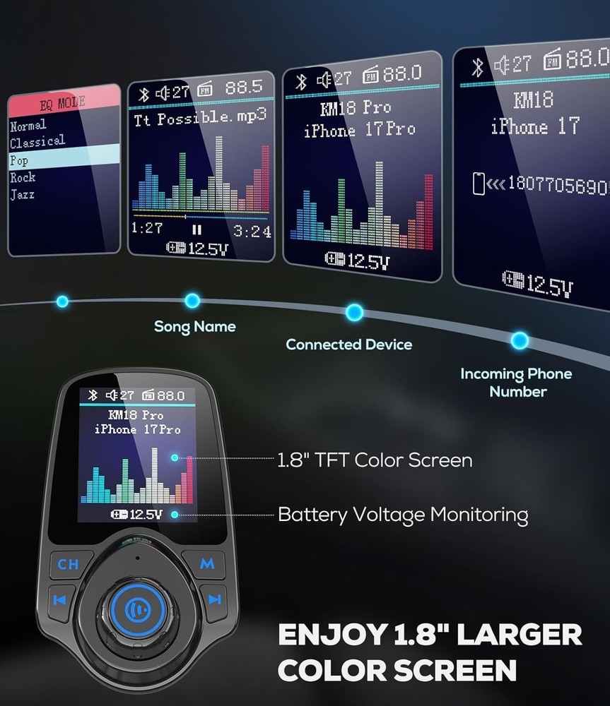 2026 KM18 Upgraded Bluetooth Car Adapter with 1.8" Color Screen & Fast Charging