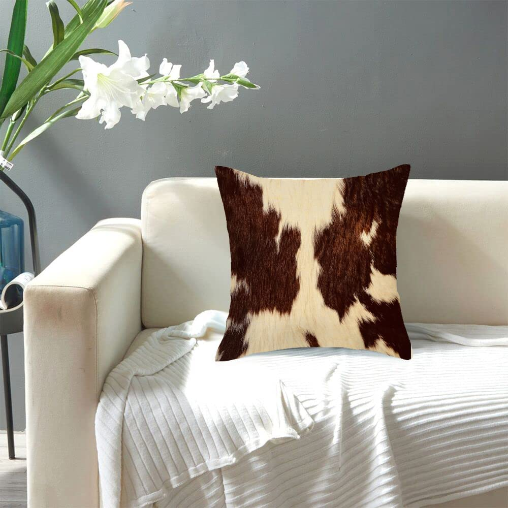 Cowhide Throw Pillow Covers 18X18,Cow Hair Cow Skin Brown and White Cotton Linen
