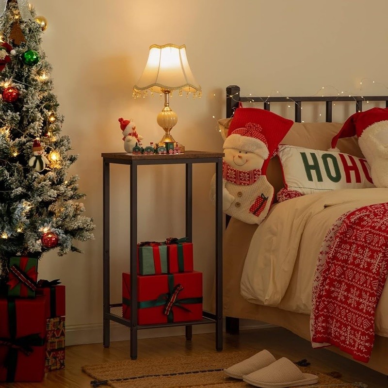 Tall Side Table Nightstand Small Space Adjustable Shelf Rustic Industrial New