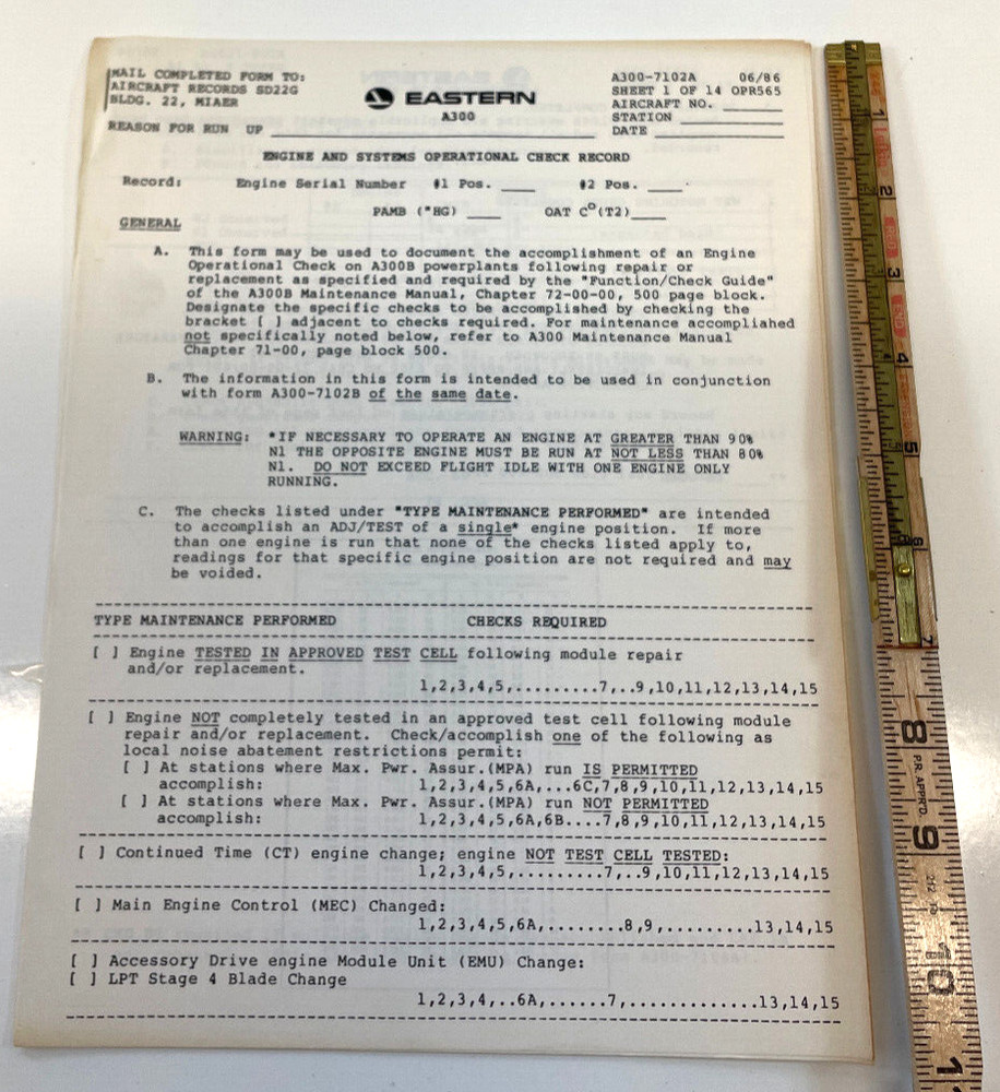 VTG Eastern Airlines Airbus A300 Engine & Systems Operational Check Record Form