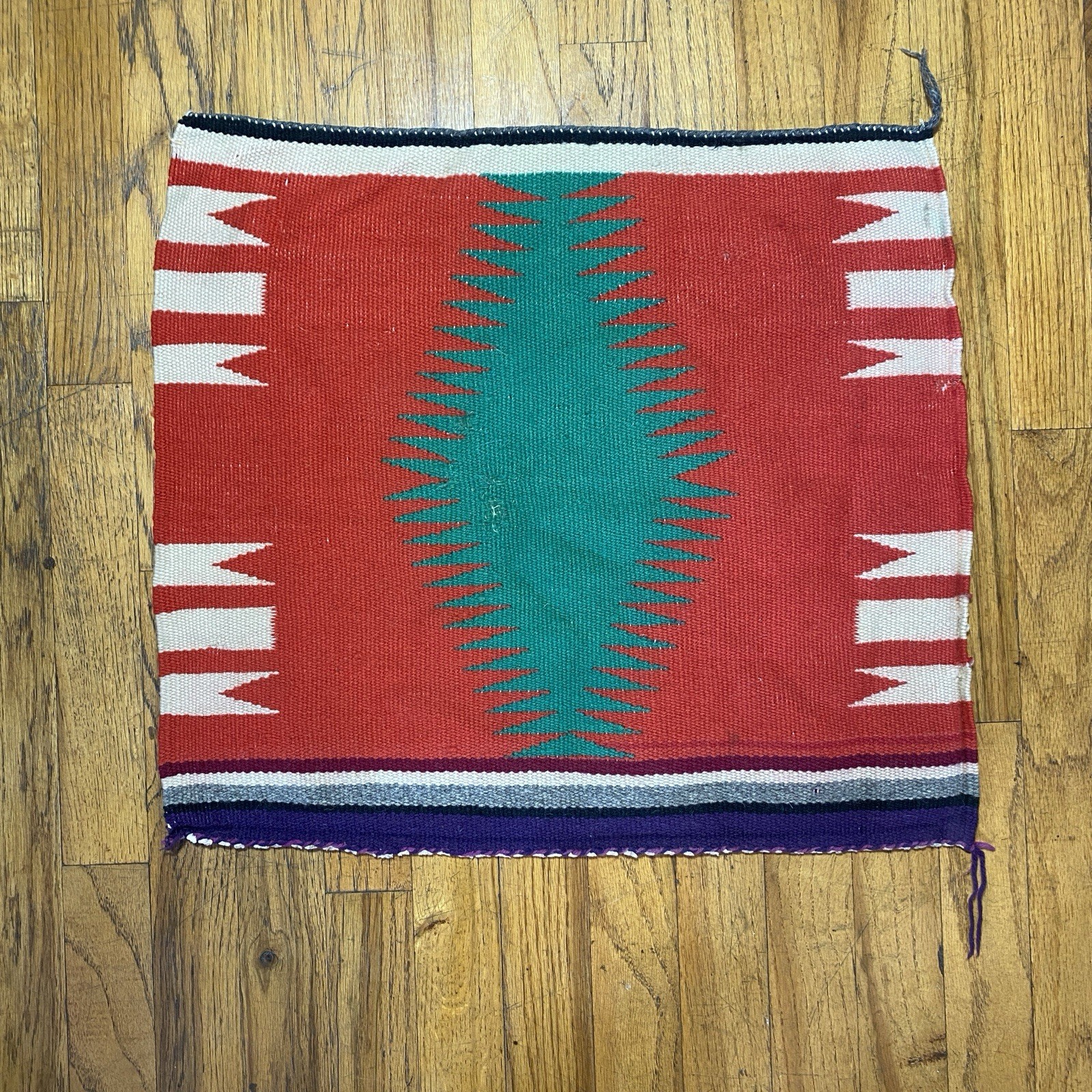 Vintage Navajo Germantown Sampler Rug Weaving Eyedazzler 21x19" Red Purple Green