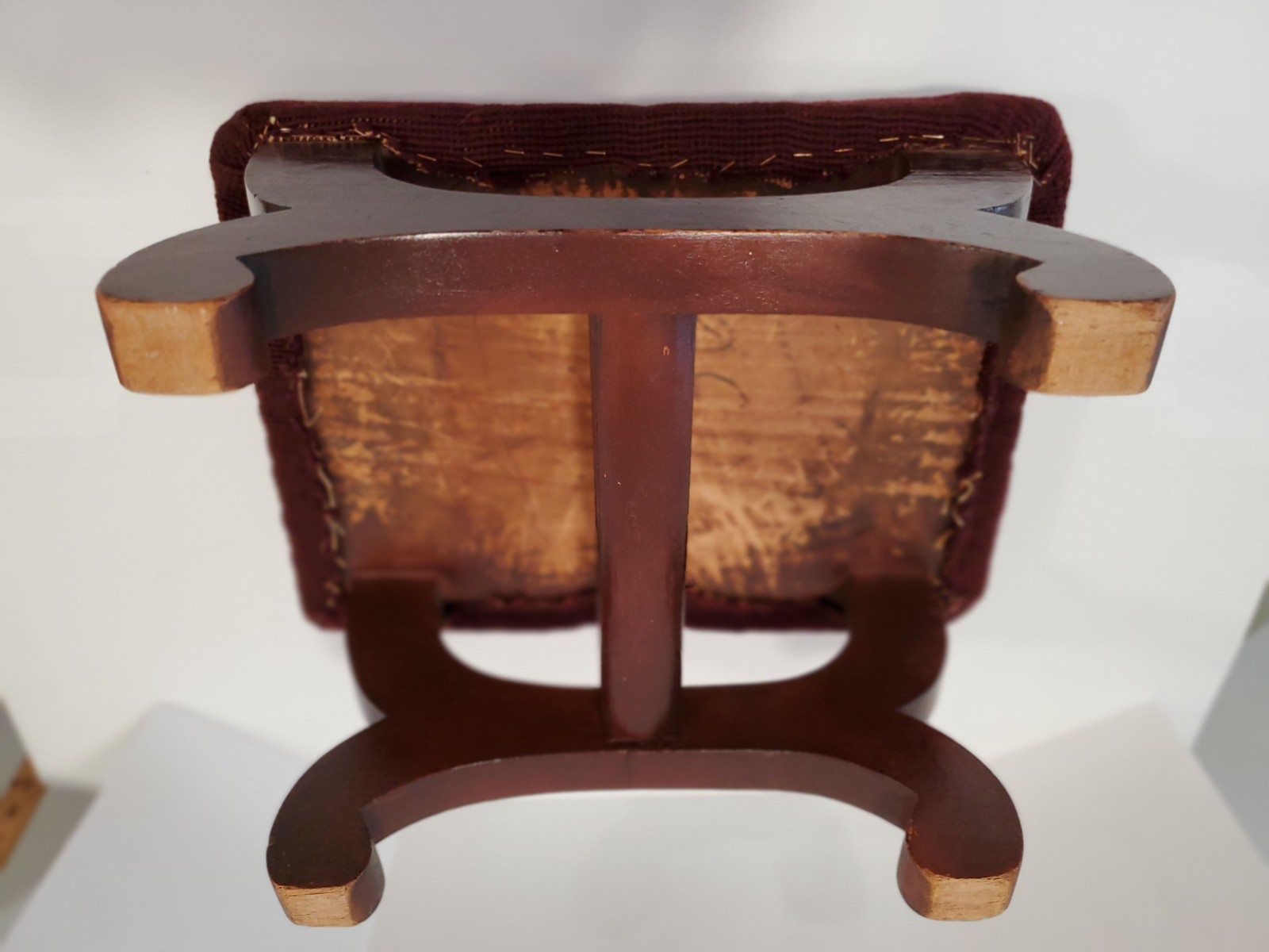 Vintage Needlepoint Foot Stool Ottoman Floral Burgundy Mahogany base