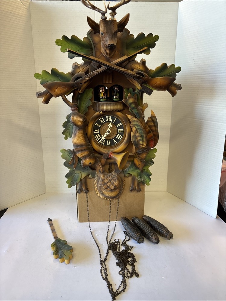 Vintage German Hunting Theme Cuckoo Clock Complete Multicolor Untested Complete