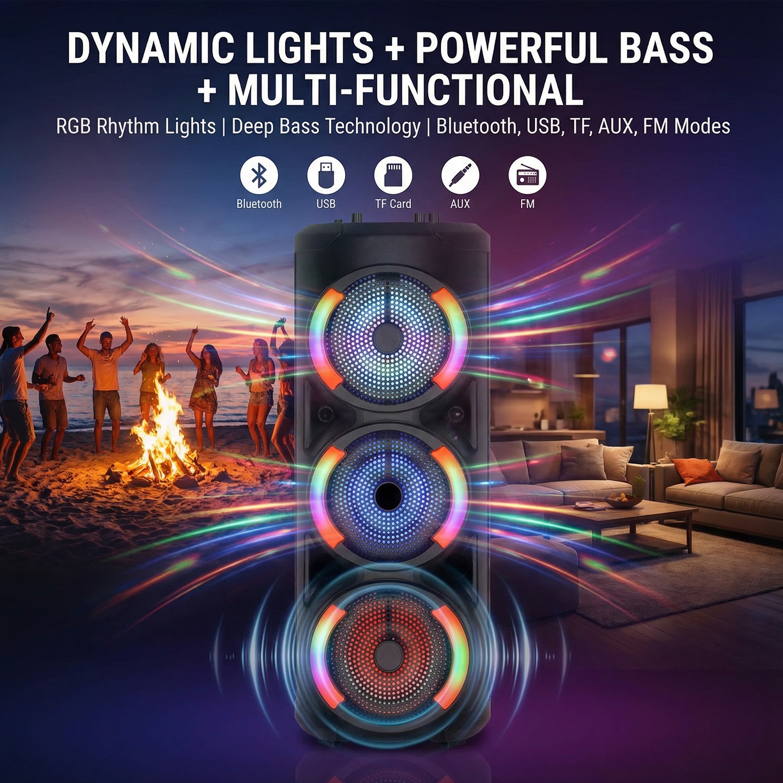 Portable Bluetooth Speaker Triple 6.5'' Sub woofer Stereo Sound System PA Party