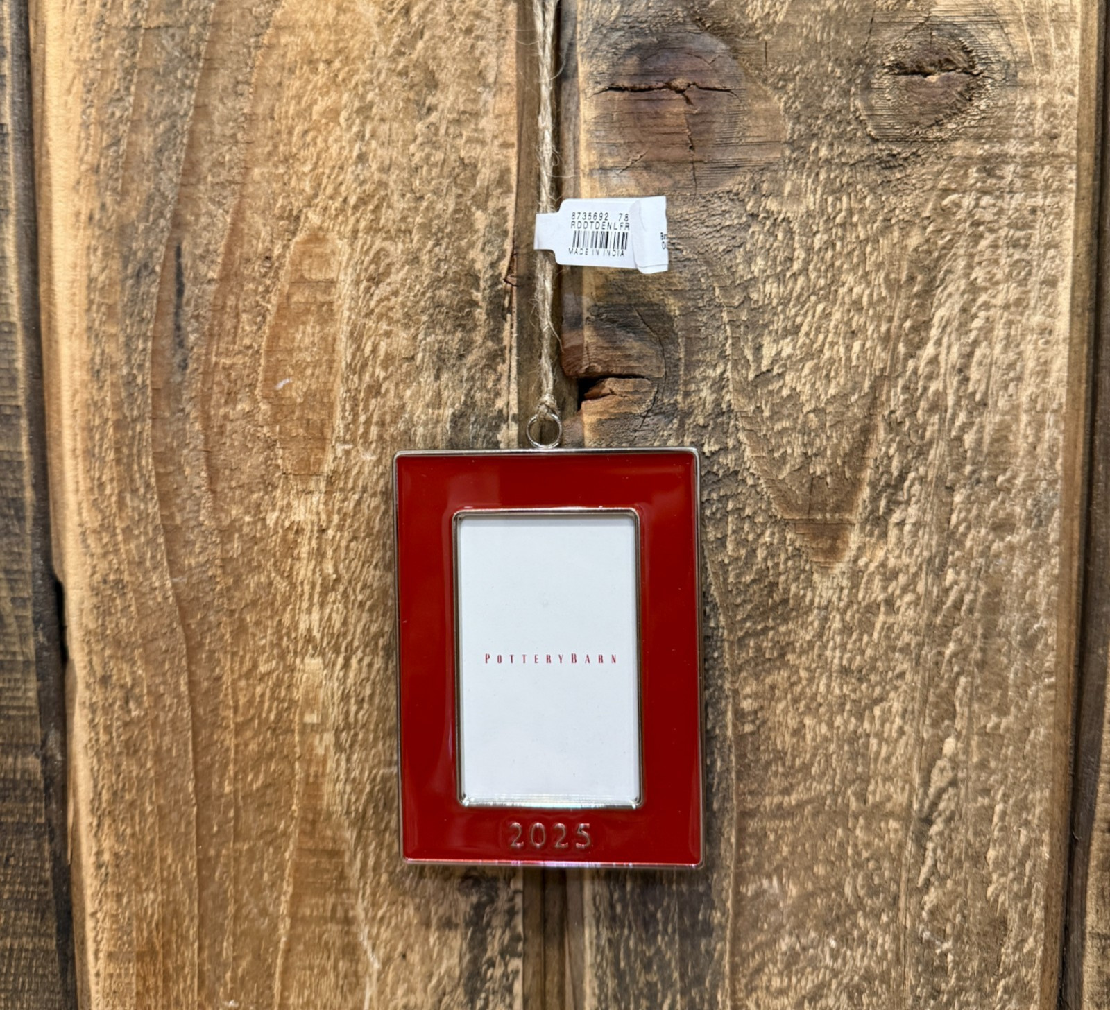 POTTERY BARN 2025 DATED ENAMEL FRAME ORNAMENT RECTANGLE 3 X 4" ~ RED CHRISTMAS