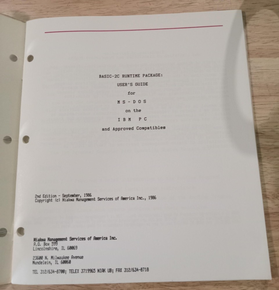 Niakwa BASIC-2C Runtime Package User's Guide 2nd Edition 1986 for MS-DOS