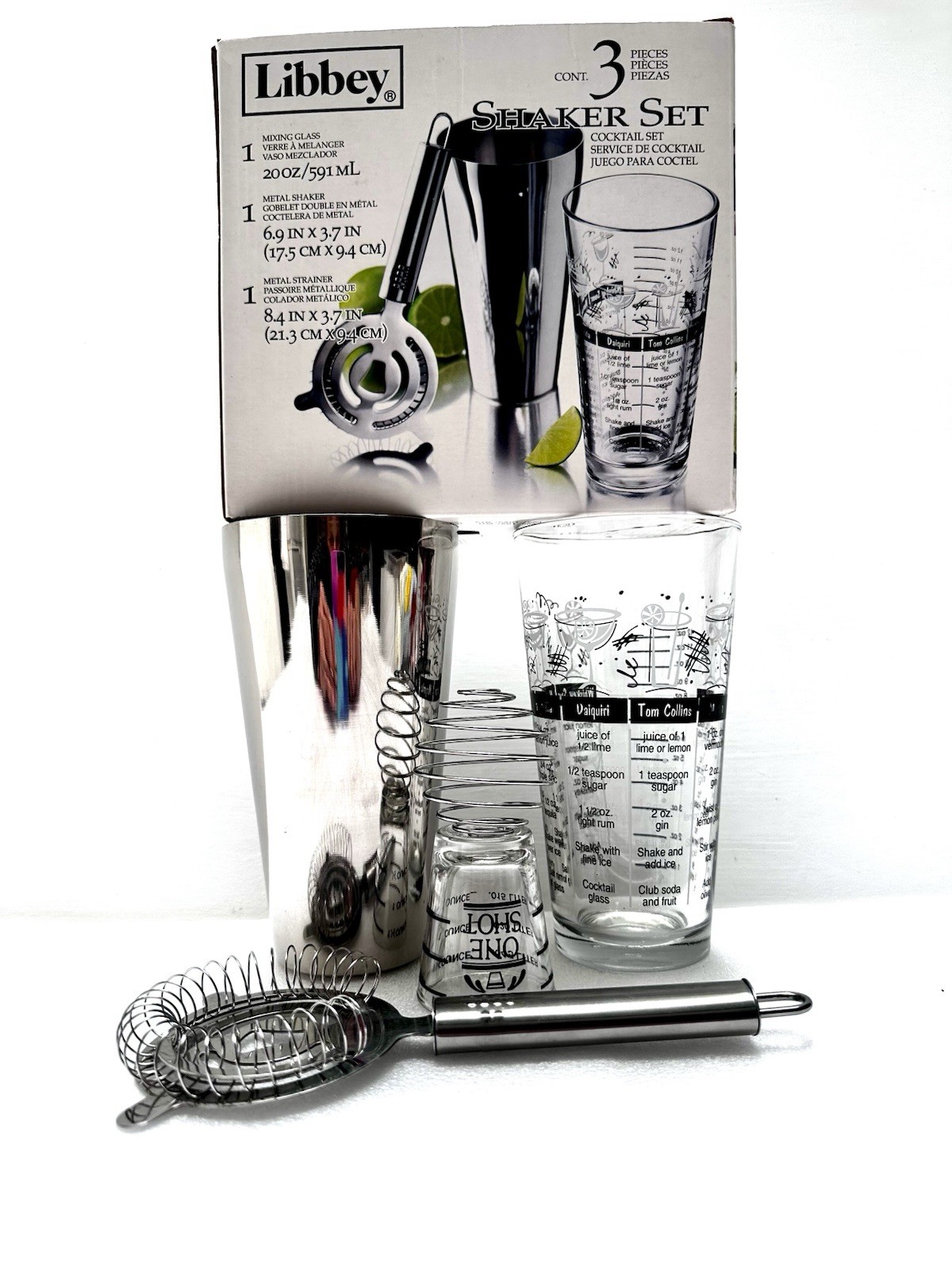 NEW 5 Pc Cocktail Shaker Kit Bar Mixing Recipe Glass Strainer Bartender Set
