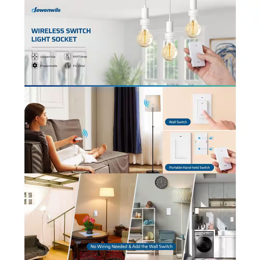 120-Volt Remote Control Light Bulb Switch Socket, White with 1-Removable Control