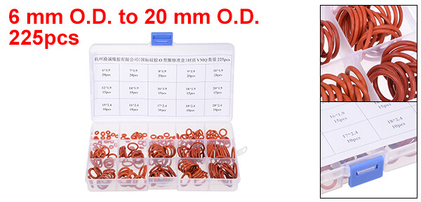 225pcs Silicone Rubber O-Ring Assortment Kit Metric VMQ Sealing Gasket Set Red