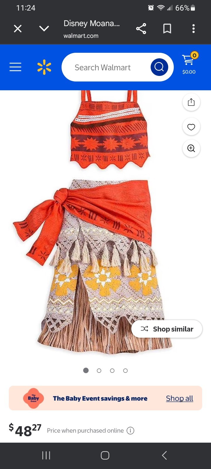 Disney Moana Costume Kids Size 4, New