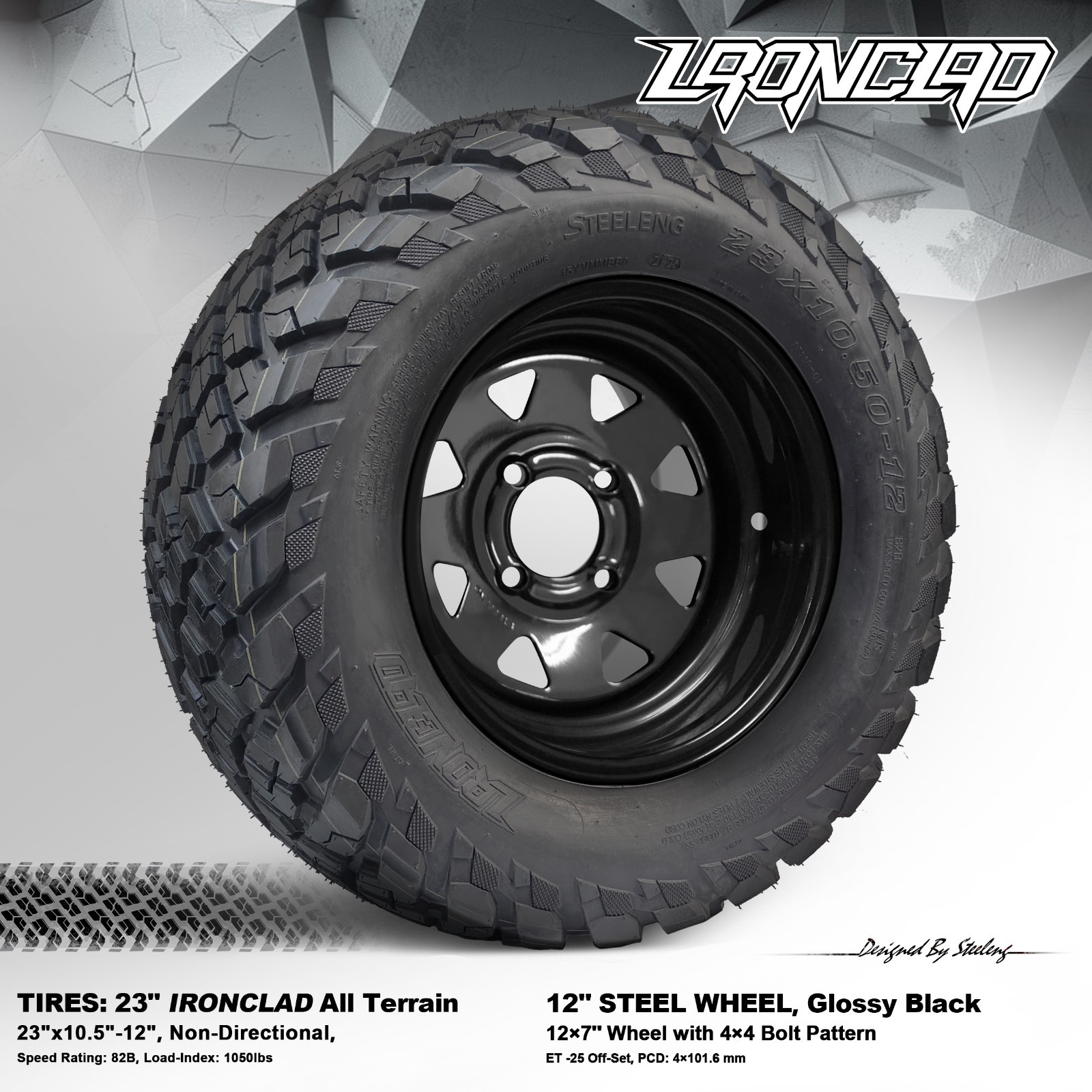 4x GOLF CART 12" Black Slotted Steel Wheels and 23"x10.5"-12" IRONCLAD A/T Tires