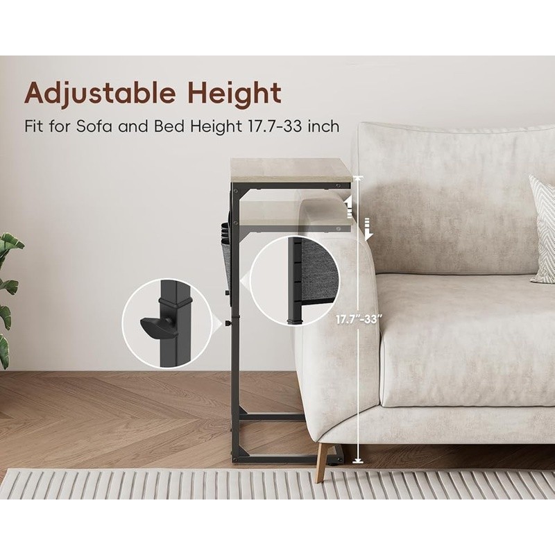 Height Adjustable C Shaped Side Table W/ USB Charging Station Storage Bag Couch