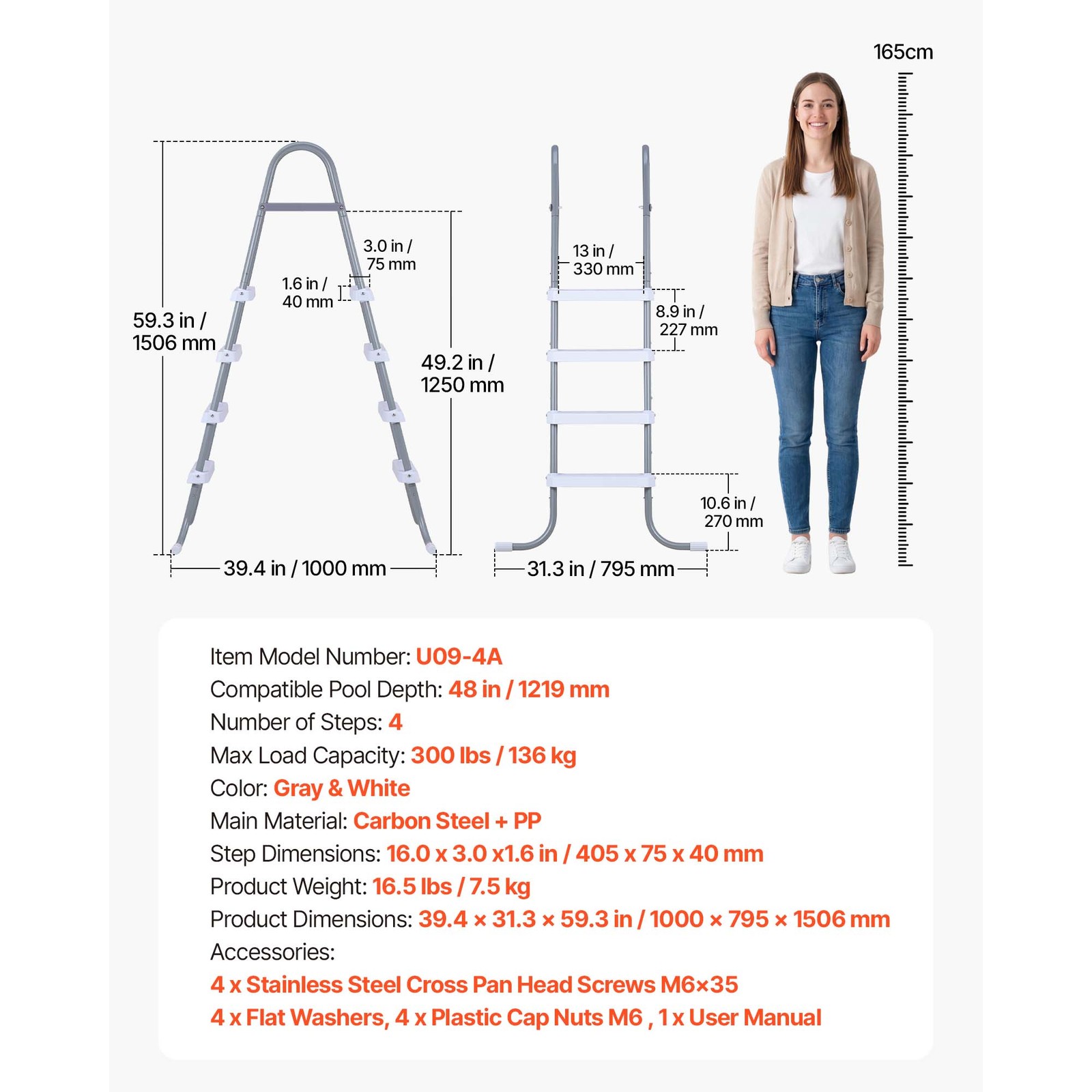 Uimoso 4-Step Steel A-Frame Pool Ladder for 48in Wall, 300lbs Capacity