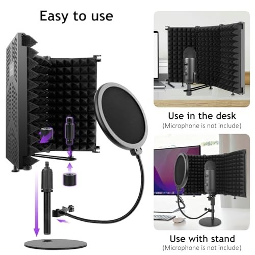 3-Panel Microphone Isolation Shield with Stand & Pop Filter - Soundproof Foam fo