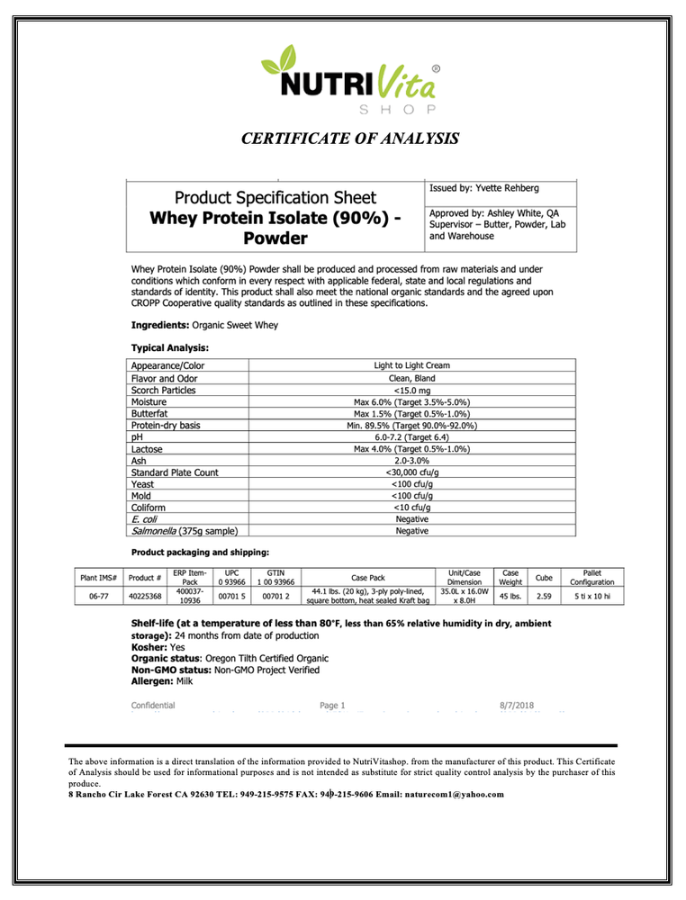 50lb 100% Pure Organic Instantized Whey Protein Isolate 90% (Unflavored)