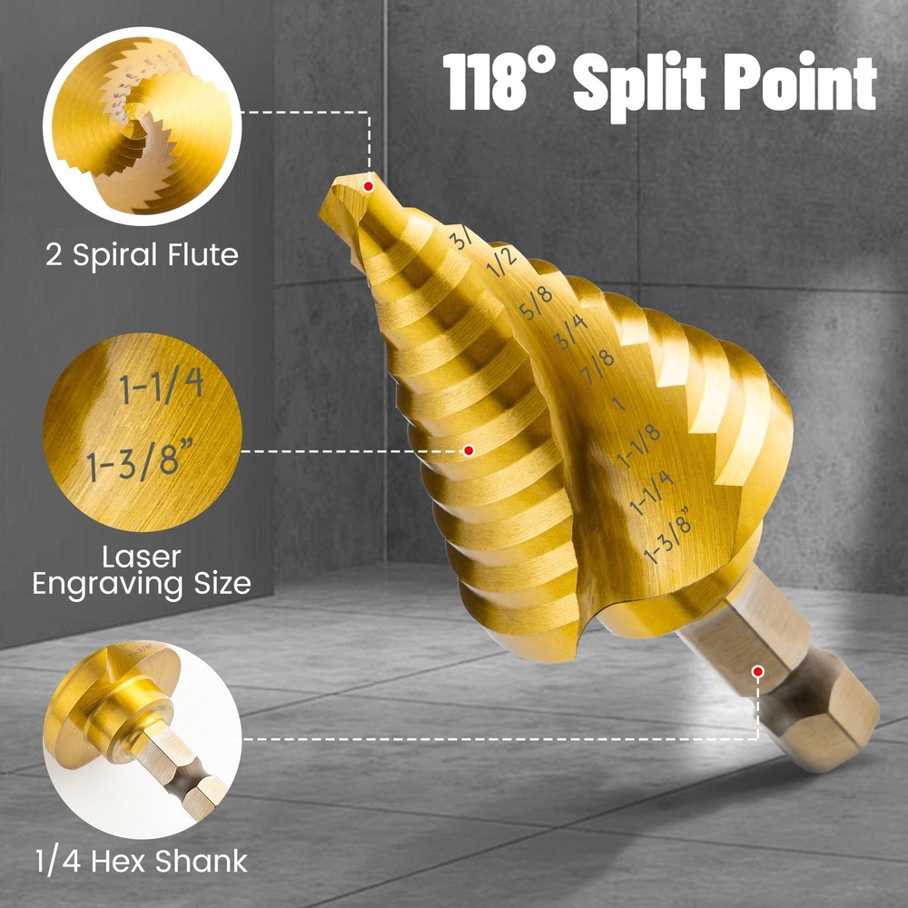 IRONANT Step Drill Bits, 5PCS Spiral Grooved HSS Titanium Bit...
