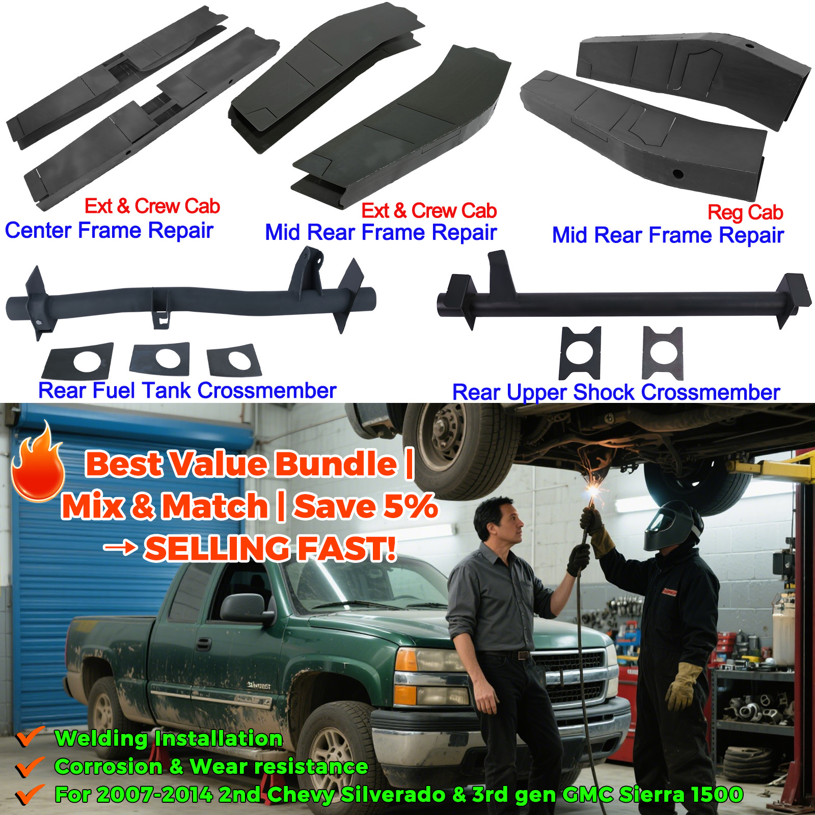 Centre/Mid/Mid rear frame for 2007-2014 Silverado &Sierra 1500 Reg/Ext /Crew Cab