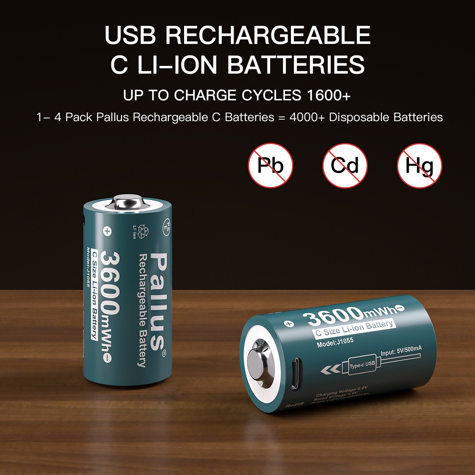 1.5V USB Rechargeable Lithium C Batteries with 4in1 Charger Cable 3600mWh