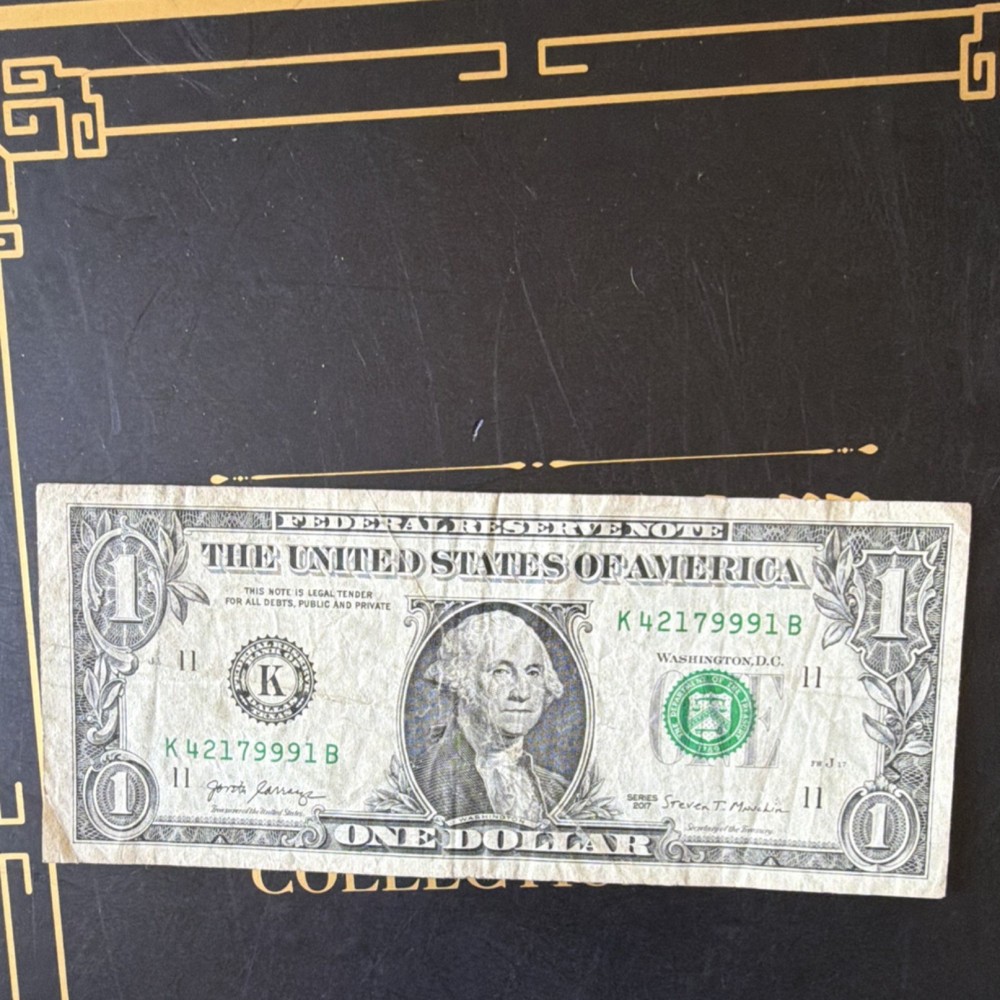 $1 US Dollar Bill Error Note K42179991B Misaligned Cut three on row eight