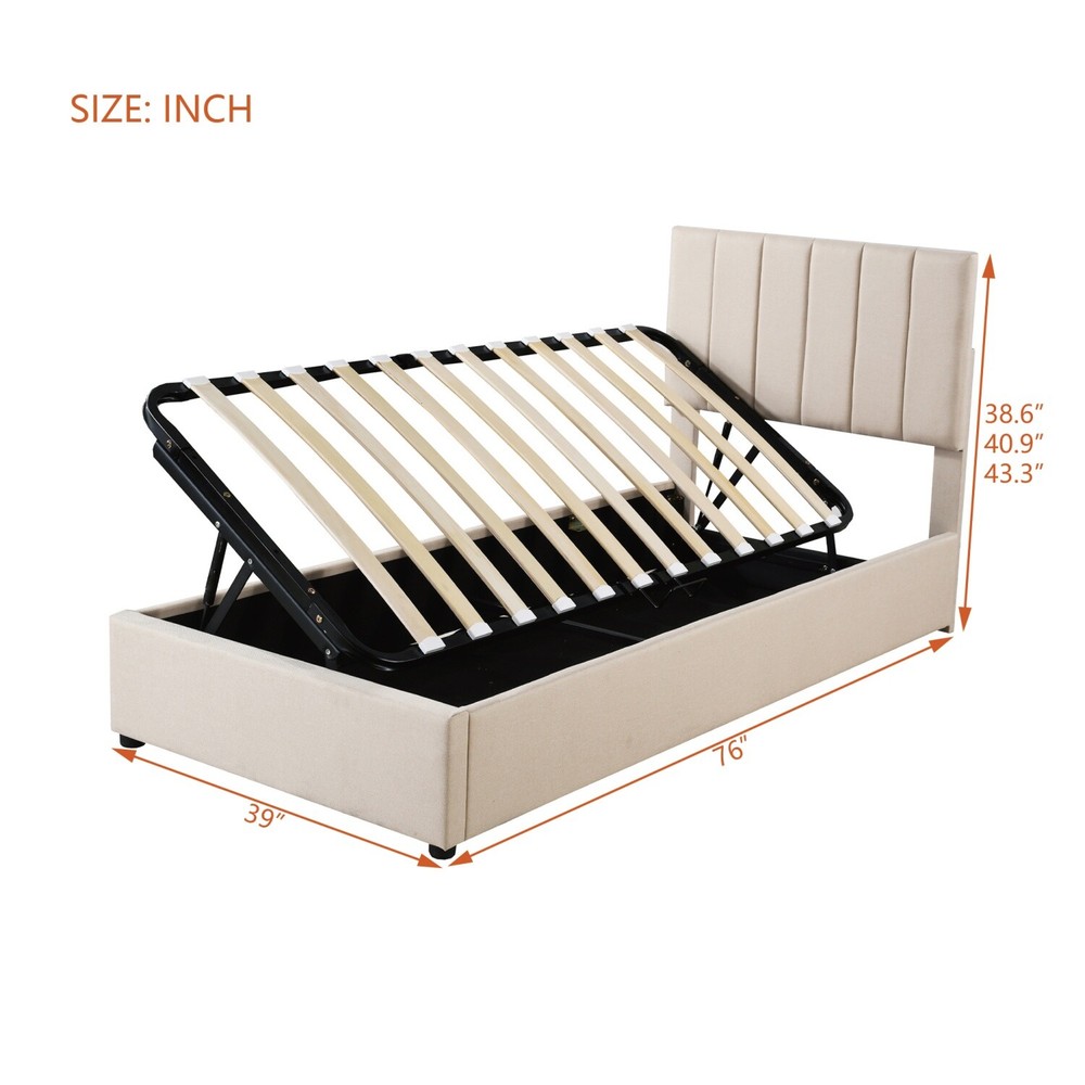 Twin Size Linen Upholstered Platform Bed with Hydraulic Storage System Beige