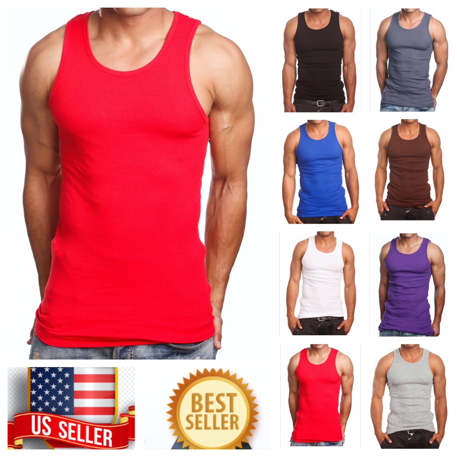 Men S-5XL 100% Cotton Tank Top T-Shirt A-Shirt Muscle Ribbed Wife Beater Tee Gym