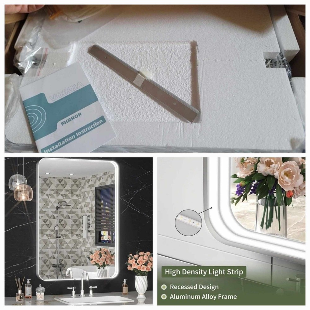 New 16" x 24" LED Bathroom Mirror with Lights, Rounded Rectangle Silver Frame...