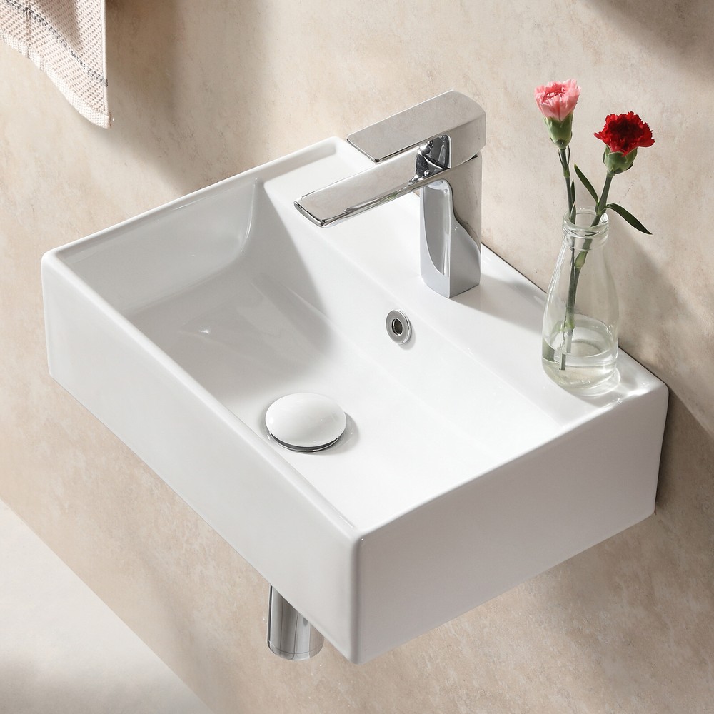 Small Vessel Sink 12"x17" Wall Mount Bathroom Sink Rectangular White Floating