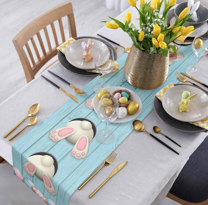 Easter Bunny Table Runner 13X108 Inches Long, Cute Bunny Butt Colored Easter Egg